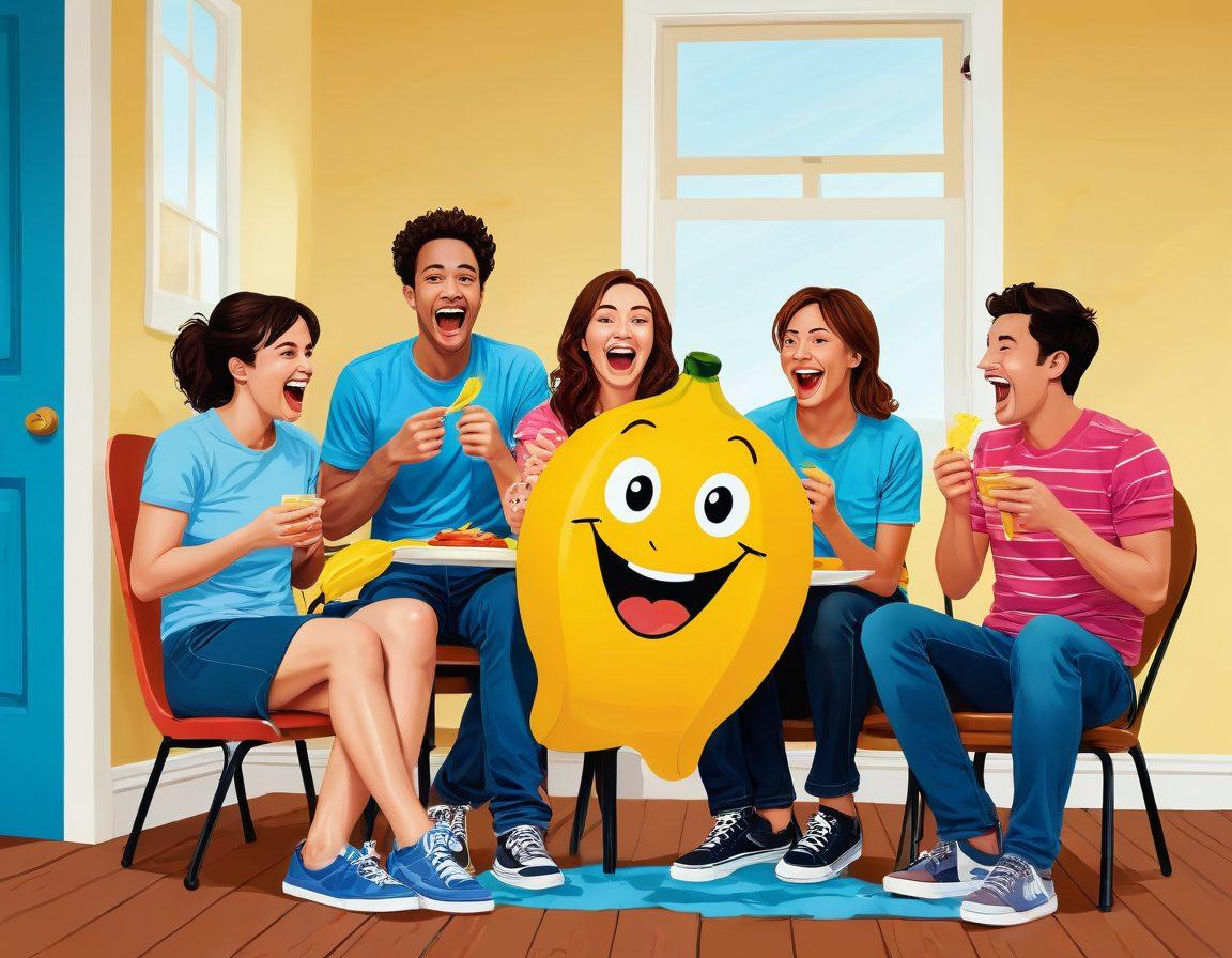 A vibrant and playful illustration of a group of friends laughing uncontrollably, one with a whoopee cushion under their chair, another with a banana peel nearby, and a third with a bucket of water above the door. Include exaggerated facial expressions and comical props. Everything is set in a light-hearted, cartoonish style. vector art. vibrant colors.