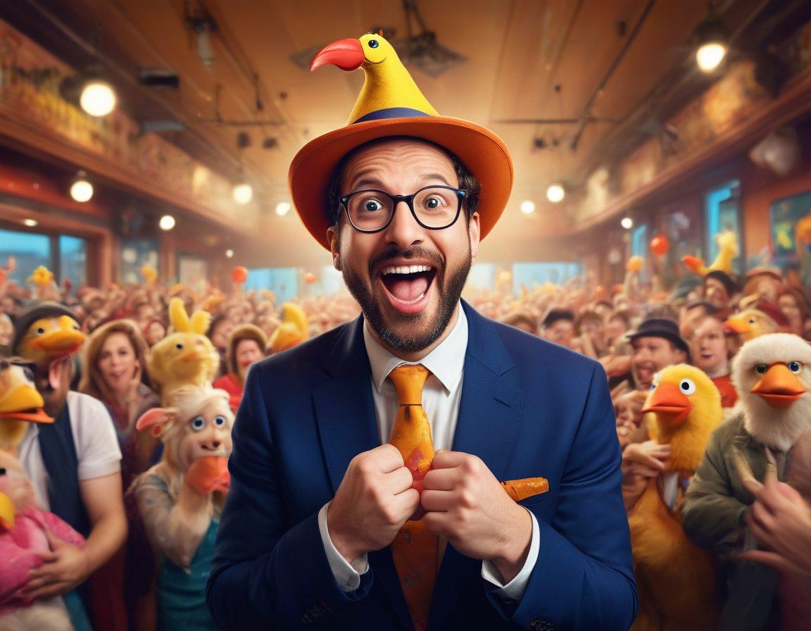 A whimsical scene of a packed comedy club with an eccentric comedian on stage, delivering absurd jokes that cause the audience to burst into raucous laughter. The comedian's exaggerated expressions and dynamic gestures contrast with the playful, cartoonish depiction of the audience. Spotlight on the comedian, with a background featuring surreal, comical elements like floating rubber chickens and exaggeratedly large hats. Vibrant colors. Vector art.